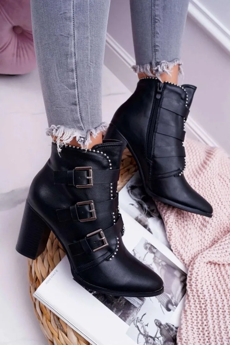 Boto Botki Na Słupku|Botki Zimowe Damskie*Botki Damskie Na Słupku Klamry Czarne Finbas