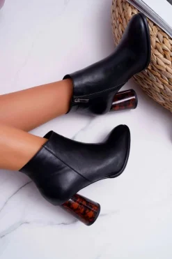 Damskie Laura Messi Botki Damskie Na Słupku Skórzane Czarne 2056