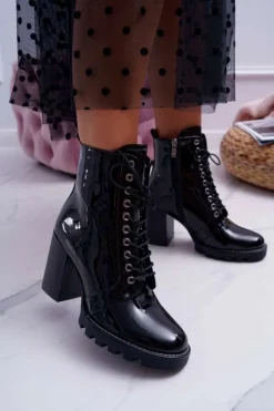 Damskie Boto Botki Damskie Na Słupku Lakierowane Czarne Insist