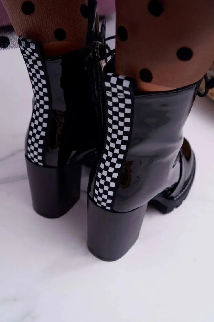 Damskie Boto Botki Damskie Na Słupku Lakierowane Czarne Insist