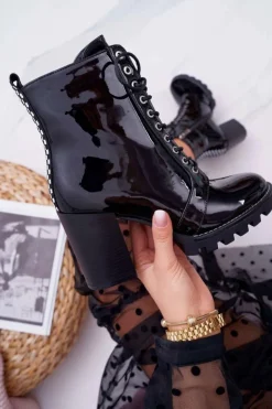 Damskie Boto Botki Damskie Na Słupku Lakierowane Czarne Insist