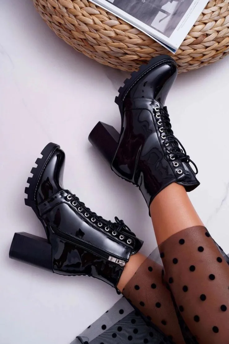 Damskie Boto Botki Damskie Na Słupku Lakierowane Czarne Insist