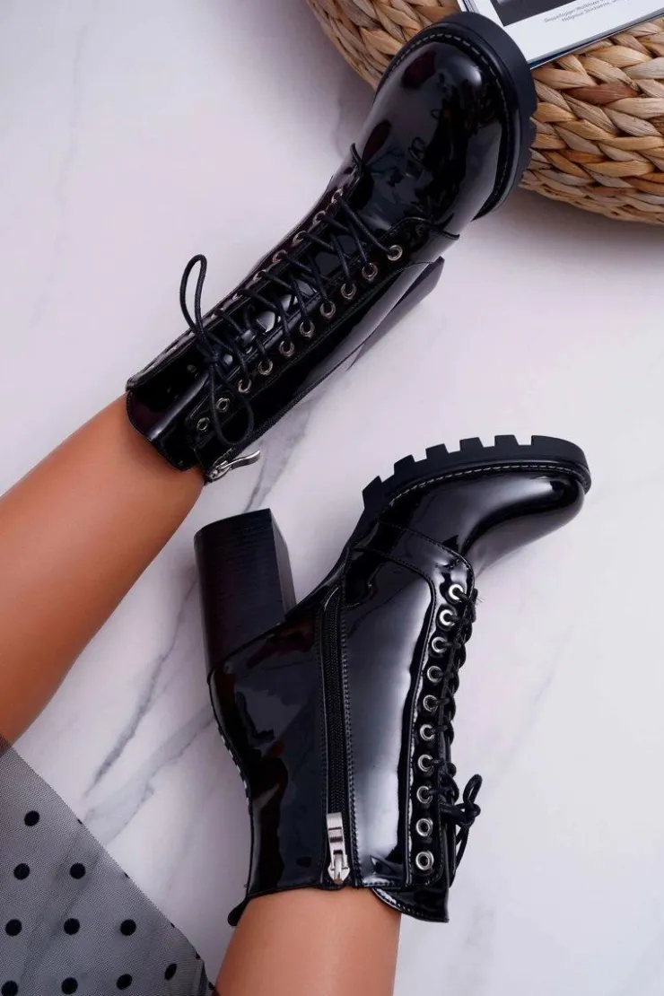 Damskie Boto Botki Damskie Na Słupku Lakierowane Czarne Insist