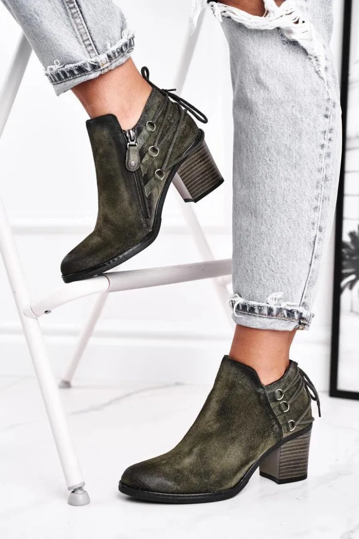 Maciejka Botki Wiosenne|Botki Maciejka*Botki Damskie Na Słupku Wiosenne Skóra Oliwkowe 04812-24