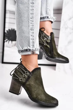 Maciejka Botki Wiosenne|Botki Maciejka*Botki Damskie Na Słupku Wiosenne Skóra Oliwkowe 04812-24