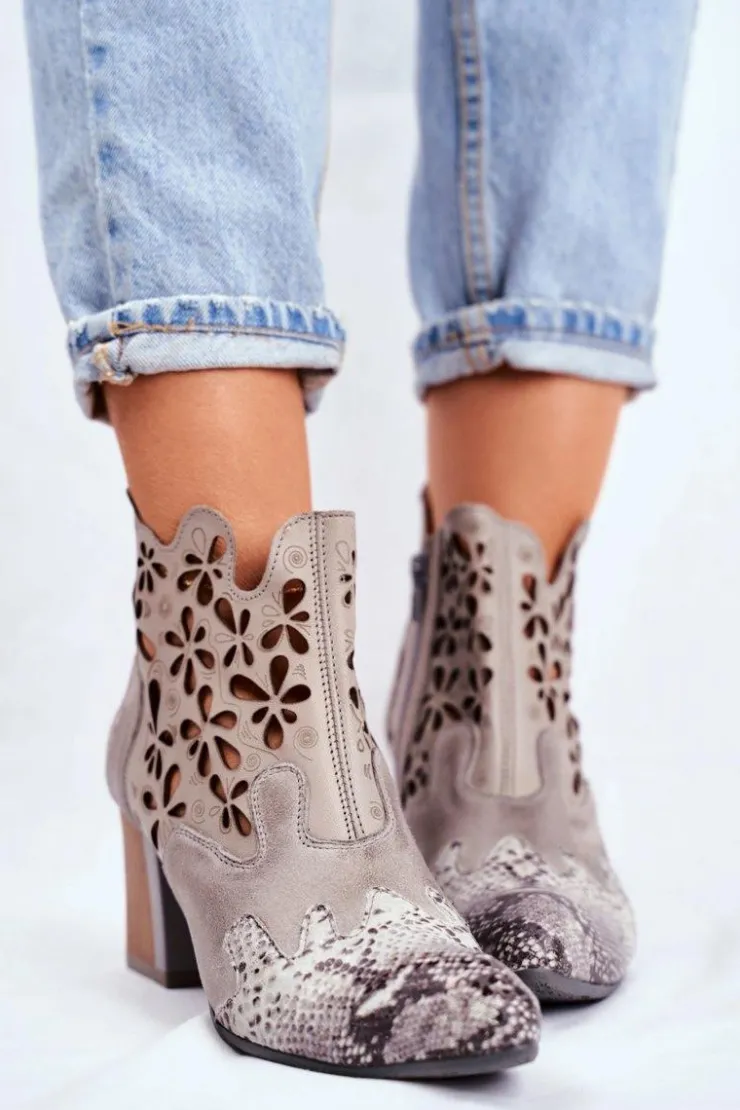 Maciejka Botki Damskie Na Słupku Wiosenne Popielate 04369-13