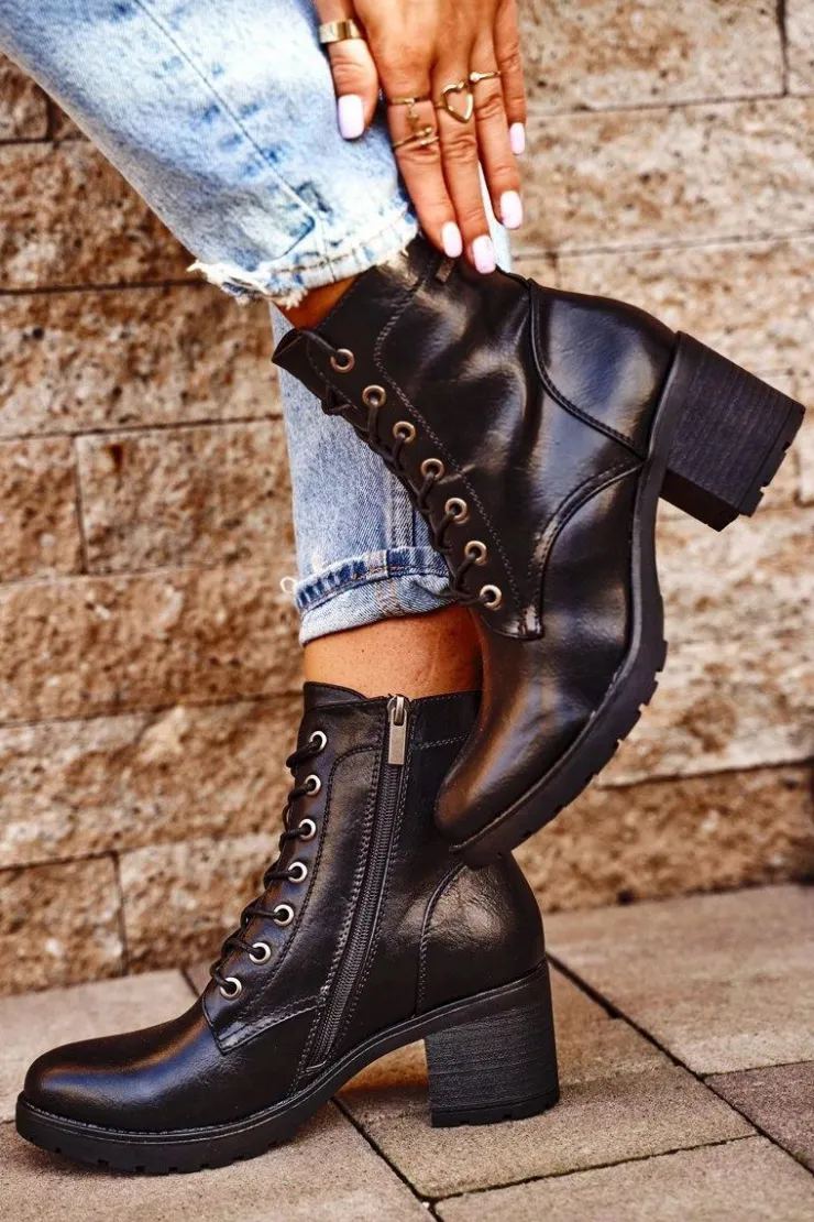 Buty damskie Vinceza Botki Sznurowane|Botki Na Słupku*Botki Damskie Na Słupku Ocieplane Czarne Fiber