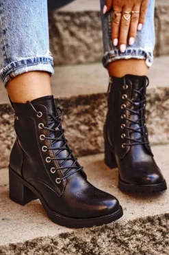 Buty damskie Vinceza Botki Sznurowane|Botki Na Słupku*Botki Damskie Na Słupku Ocieplane Czarne Fiber