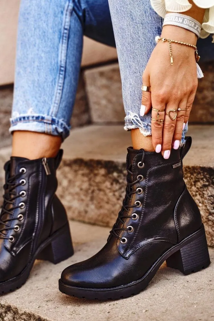 Buty damskie Vinceza Botki Sznurowane|Botki Na Słupku*Botki Damskie Na Słupku Ocieplane Czarne Fiber