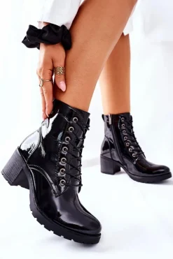 Buty damskie Vinceza Botki Sznurowane|Botki Na Słupku*Botki Damskie Na Słupku Ocieplane Lakierowane Czarne Dunaff