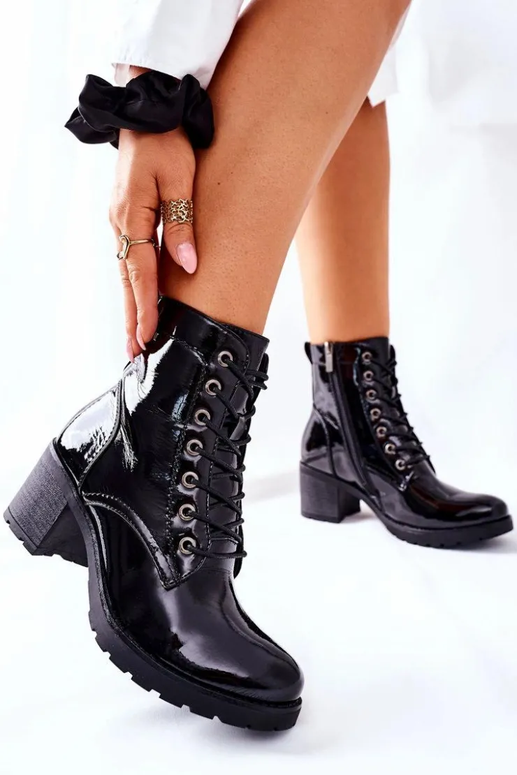 Buty damskie Vinceza Botki Sznurowane|Botki Na Słupku*Botki Damskie Na Słupku Ocieplane Lakierowane Czarne Dunaff