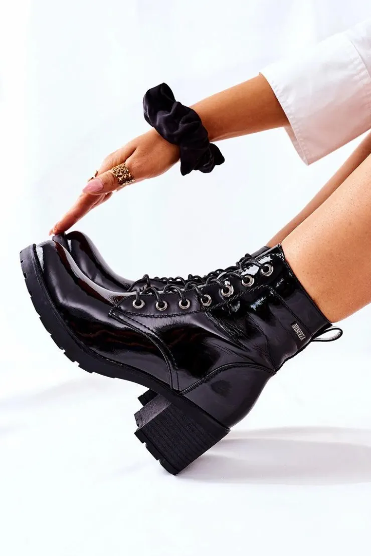 Buty damskie Vinceza Botki Sznurowane|Botki Na Słupku*Botki Damskie Na Słupku Ocieplane Lakierowane Czarne Dunaff