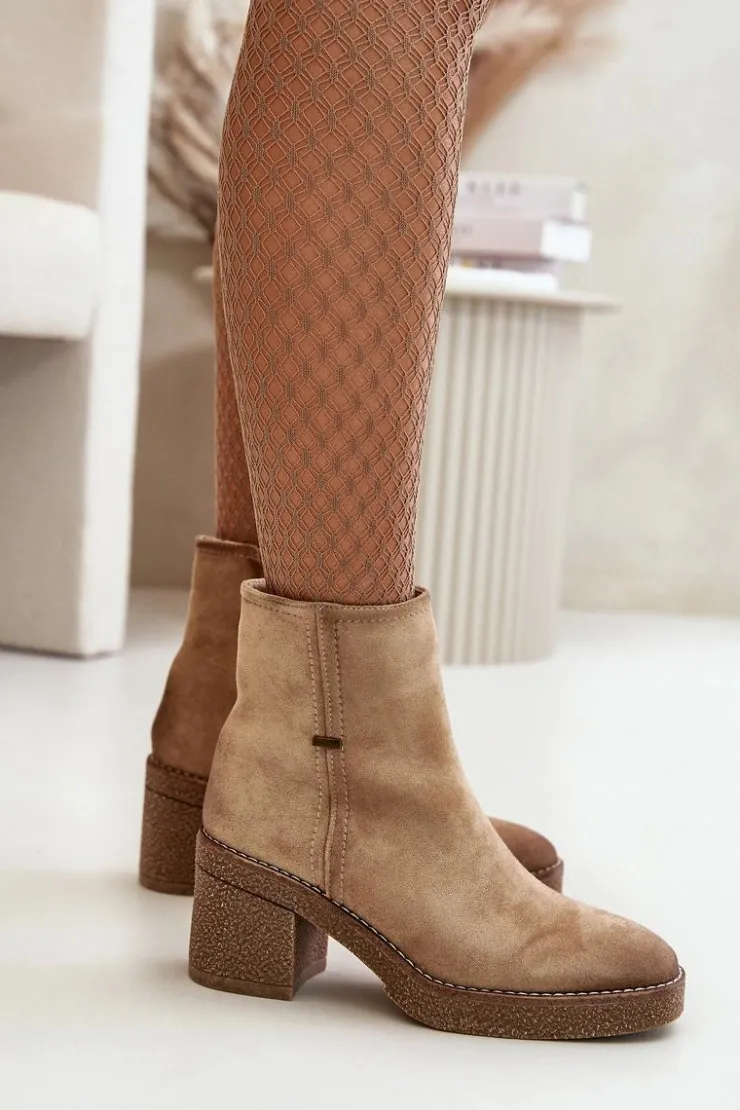 Hot Boto Botki Damskie Na Słupku Ocieplane Eko Zamszowe Beżowe Arkesia Beżowy