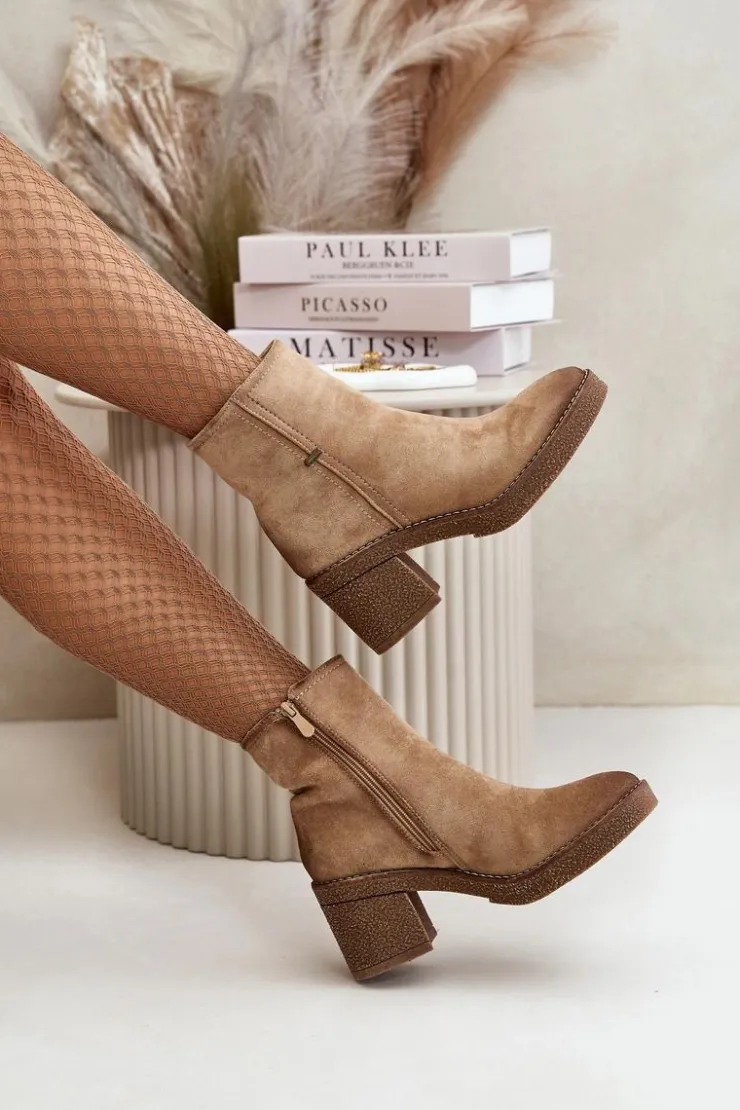 Hot Boto Botki Damskie Na Słupku Ocieplane Eko Zamszowe Beżowe Arkesia Beżowy