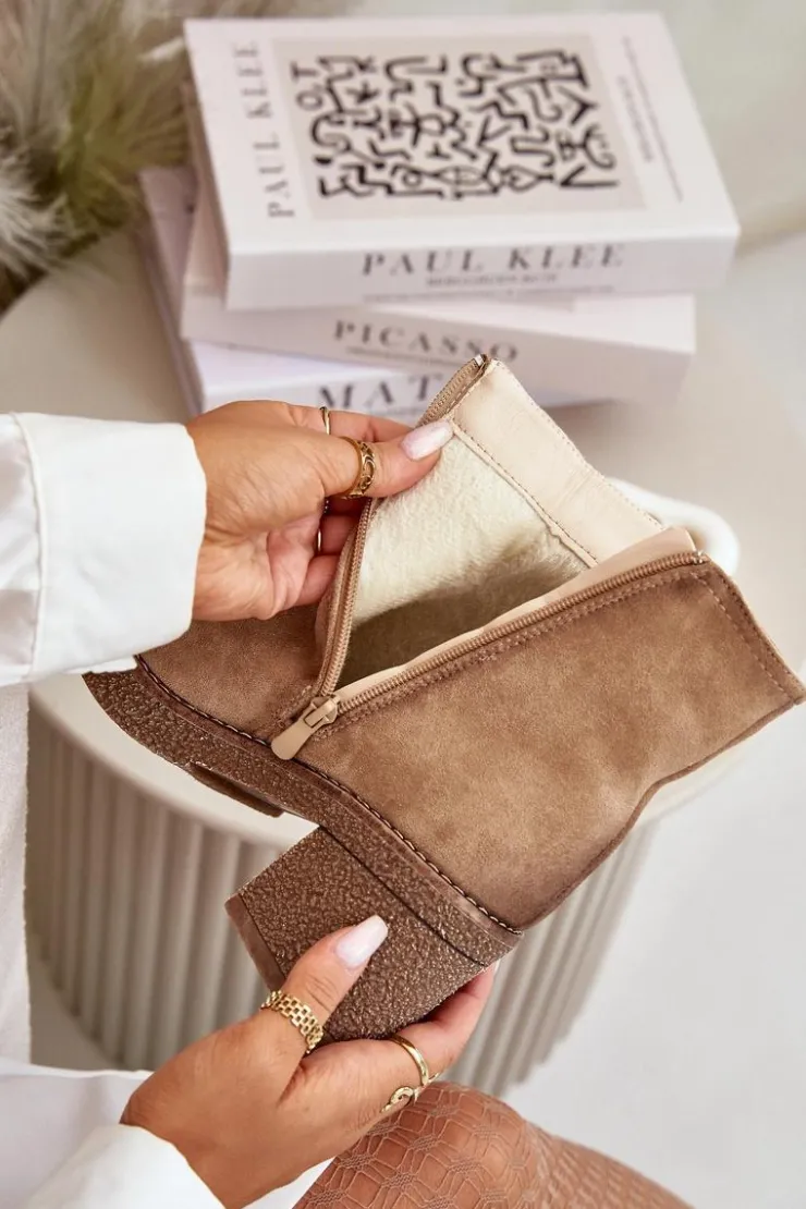 Hot Boto Botki Damskie Na Słupku Ocieplane Eko Zamszowe Beżowe Arkesia Beżowy