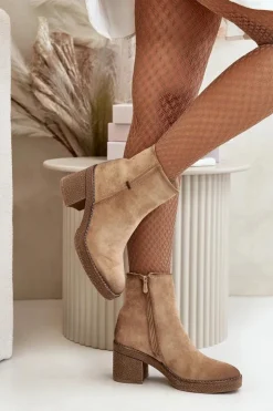 Hot Boto Botki Damskie Na Słupku Ocieplane Eko Zamszowe Beżowe Arkesia Beżowy
