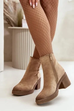 Hot Boto Botki Damskie Na Słupku Ocieplane Eko Zamszowe Beżowe Arkesia Beżowy