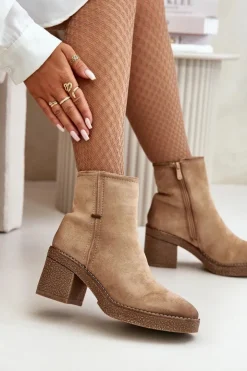 Hot Boto Botki Damskie Na Słupku Ocieplane Eko Zamszowe Beżowe Arkesia Beżowy