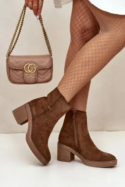 New Boto Botki Damskie Na Słupku Ocieplane Eko Zamszowe Brązowe Arkesia