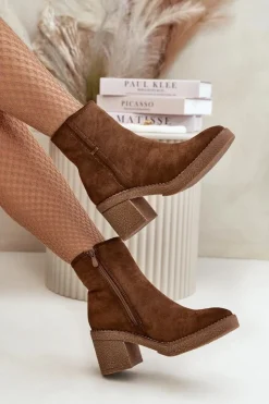 New Boto Botki Damskie Na Słupku Ocieplane Eko Zamszowe Brązowe Arkesia