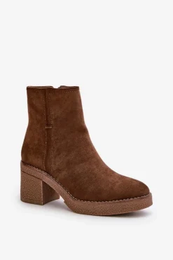 New Boto Botki Damskie Na Słupku Ocieplane Eko Zamszowe Brązowe Arkesia