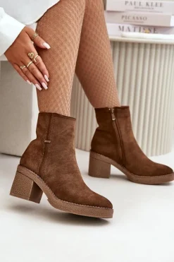 New Boto Botki Damskie Na Słupku Ocieplane Eko Zamszowe Brązowe Arkesia