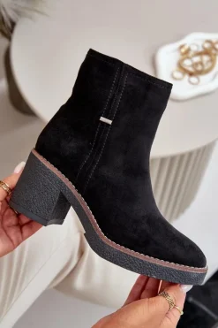 Boto Botki Ocieplane|Brązowe I Beżowe Botki*Botki Damskie Na Słupku Ocieplane Eko Zamszowe Czarne Arkesia Czarny