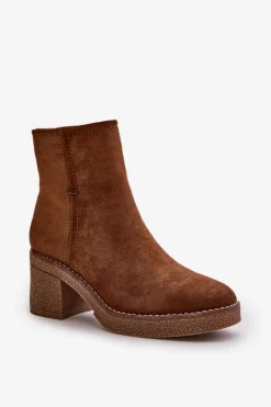 Boto Brązowe I Beżowe Botki|Botki Na Obcasie*Botki Damskie Na Słupku Ocieplane Eko Zamszowe Khaki Arkesia