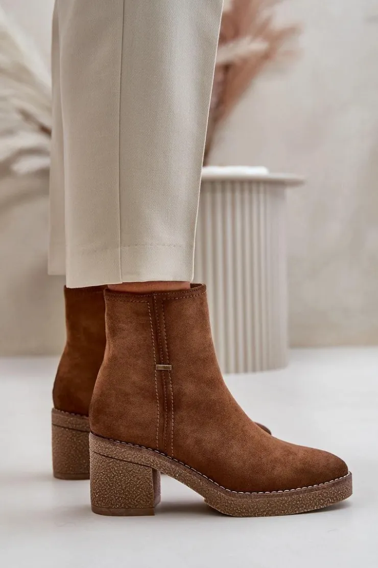 Boto Brązowe I Beżowe Botki|Botki Na Obcasie*Botki Damskie Na Słupku Ocieplane Eko Zamszowe Khaki Arkesia