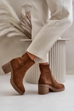 Boto Brązowe I Beżowe Botki|Botki Na Obcasie*Botki Damskie Na Słupku Ocieplane Eko Zamszowe Khaki Arkesia