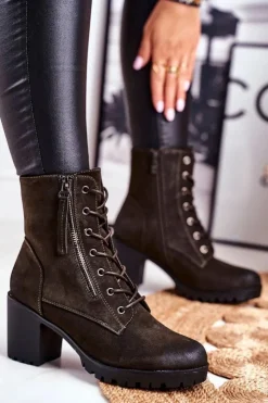 Damskie buty S.Barski Botki Sznurowane|Botki Na Słupku*Botki Damskie Na Słupku Ocieplane Khaki Vimen