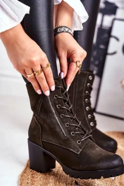 Damskie buty S.Barski Botki Sznurowane|Botki Na Słupku*Botki Damskie Na Słupku Ocieplane Khaki Vimen