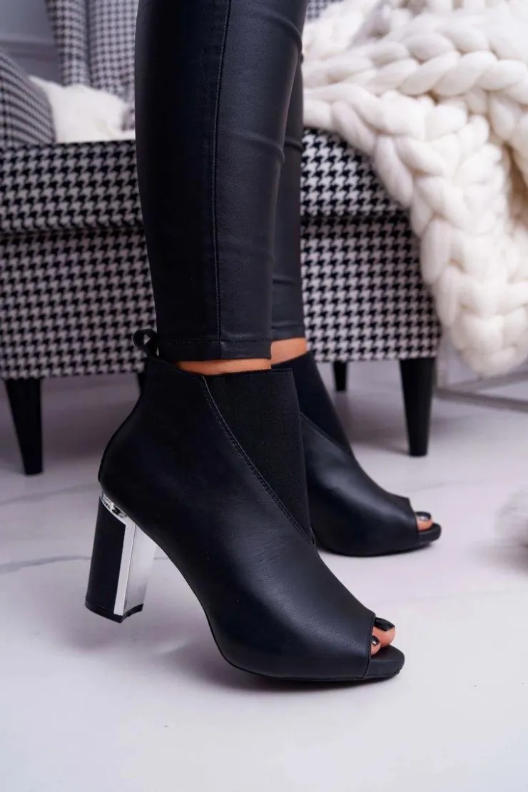 Hot Boto Botki Damskie na Słupku Odkryte Palce Wsuwane Czarne Germen