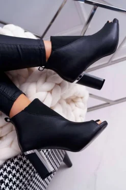 Hot Boto Botki Damskie na Słupku Odkryte Palce Wsuwane Czarne Germen