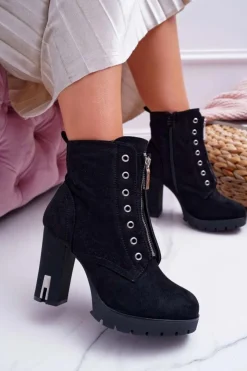 Damskie Boto Botki Damskie Na Słupku Ozdobny Suwak Zamsz Czarne Imagine