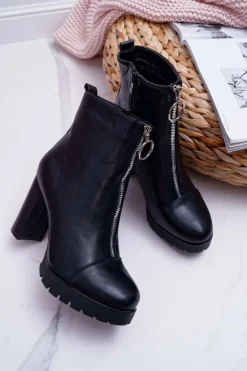 Boto Botki Na Słupku|Botki Zimowe Damskie*Botki Damskie Na Słupku Ozdobny Suwak Czarne Senuto