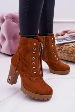 Boto Botki Na Słupku|Botki Zimowe Damskie*Botki Damskie Na Słupku Ozdobny Suwak Zamsz Camel Imagine