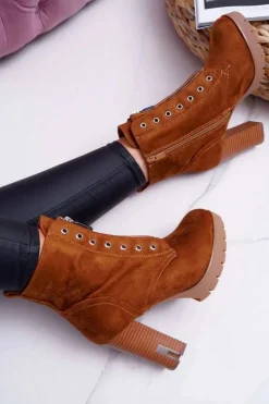 Boto Botki Na Słupku|Botki Zimowe Damskie*Botki Damskie Na Słupku Ozdobny Suwak Zamsz Camel Imagine