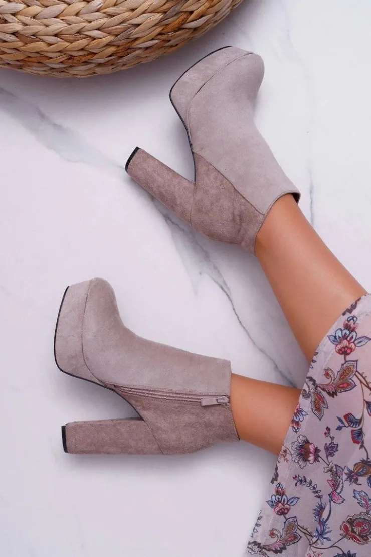 Damskie Boto Botki Damskie na Słupku Platformie Zamszowe Beżowe Celinne