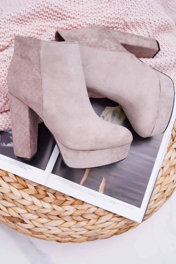 Damskie Boto Botki Damskie na Słupku Platformie Zamszowe Beżowe Celinne