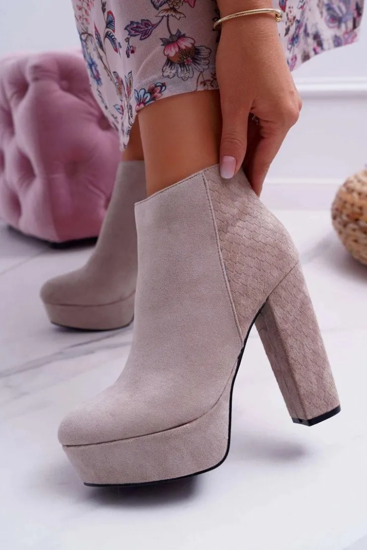 Damskie Boto Botki Damskie na Słupku Platformie Zamszowe Beżowe Celinne