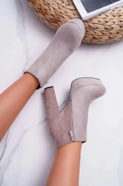 Damskie Boto Botki Damskie na Słupku Platformie Zamszowe Beżowe Celinne