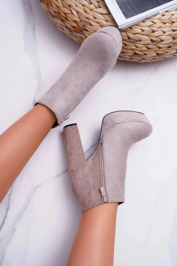 Damskie Boto Botki Damskie na Słupku Platformie Zamszowe Beżowe Celinne