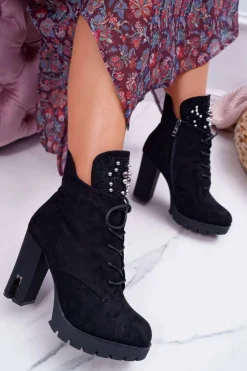 Best Boto Botki Damskie na Słupku Platformie Zamszowe Czarne Fieste