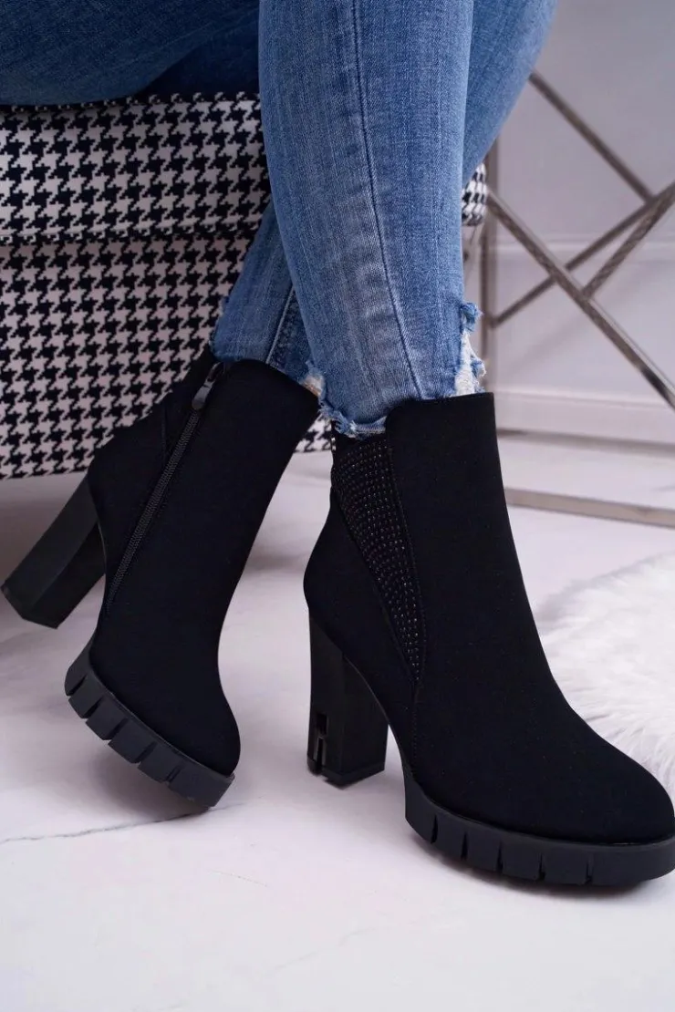 Damskie Boto Botki Damskie na Słupku Platformie Z Cyrkoniami Czarne Deren