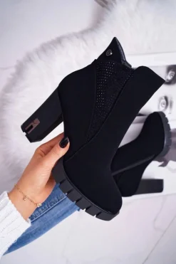 Damskie Boto Botki Damskie na Słupku Platformie Z Cyrkoniami Czarne Deren