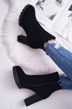 Damskie Boto Botki Damskie na Słupku Platformie Z Cyrkoniami Czarne Deren