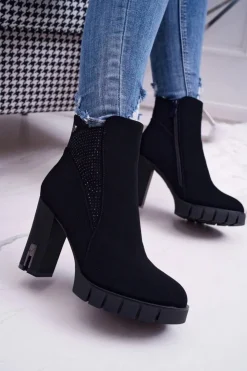 Damskie Boto Botki Damskie na Słupku Platformie Z Cyrkoniami Czarne Deren