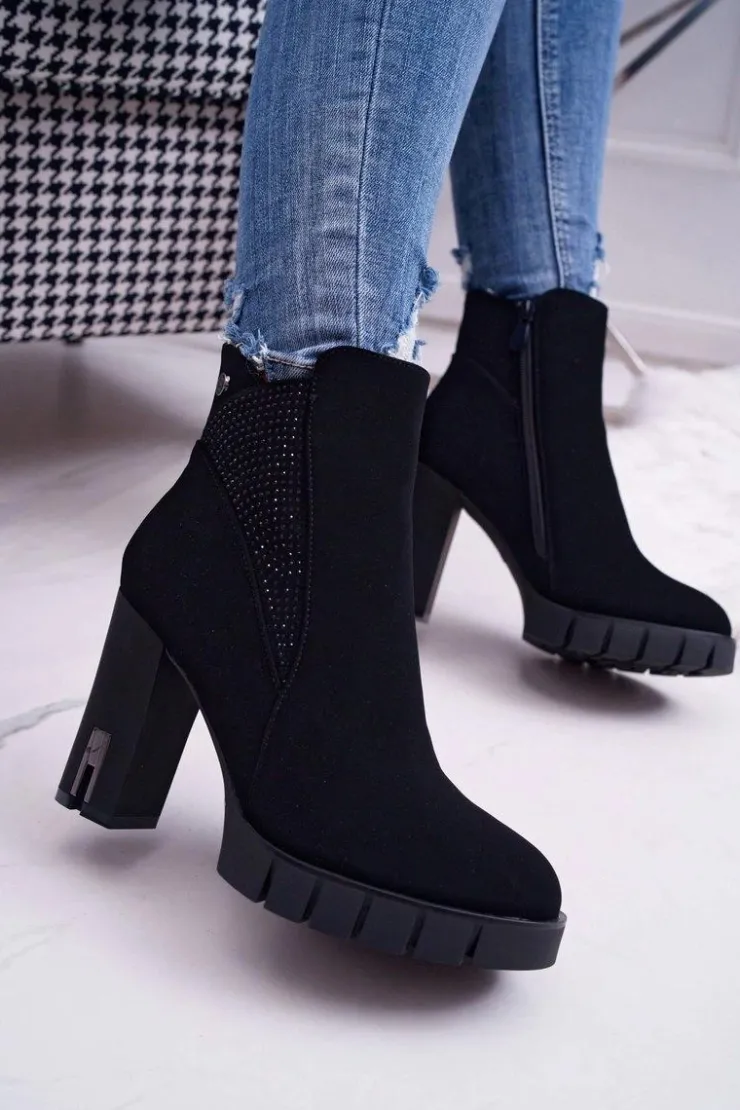 Damskie Boto Botki Damskie na Słupku Platformie Z Cyrkoniami Czarne Deren