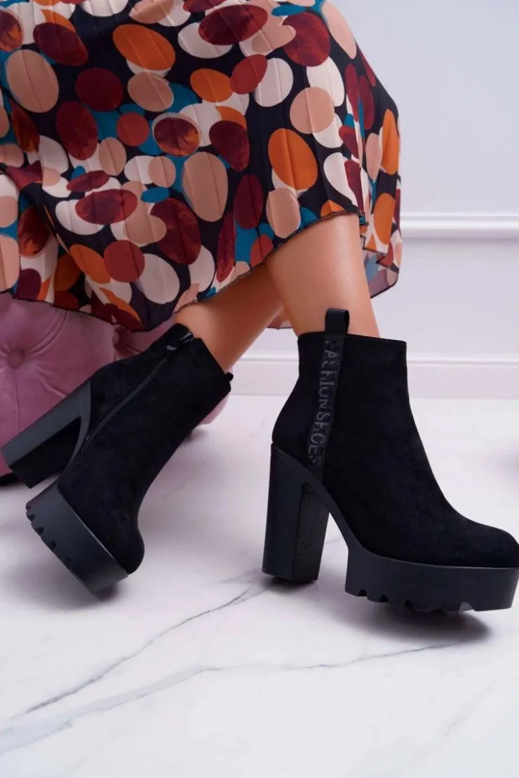 Boto Botki Na Słupku|Botki Zimowe Damskie*Botki Damskie na Słupku Platforma Zamszowe Czarne Estacado